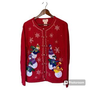 Basic Editions Red Holiday Christmas Ugly Sweater Cardigan Large Snowmen Vintage
